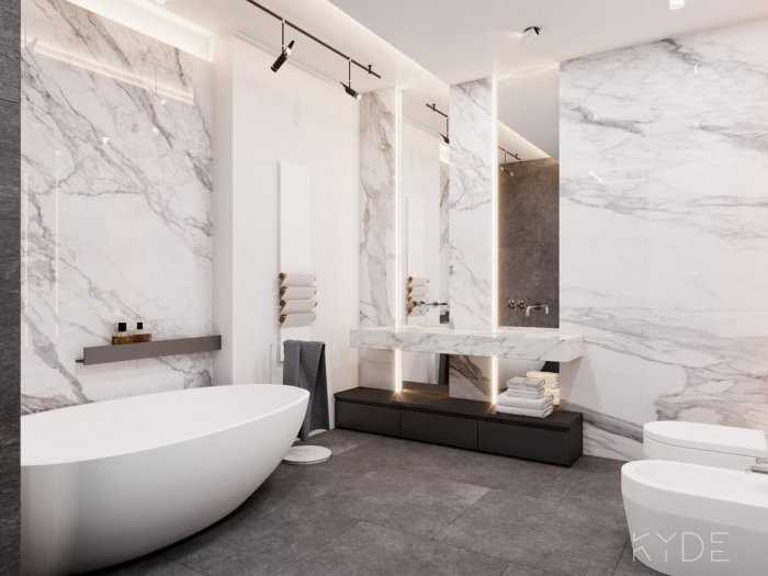 Ванная комната под мрамор: дизайн интерьера в сочетании с деревом, с белой плиткой
 - 14 фото